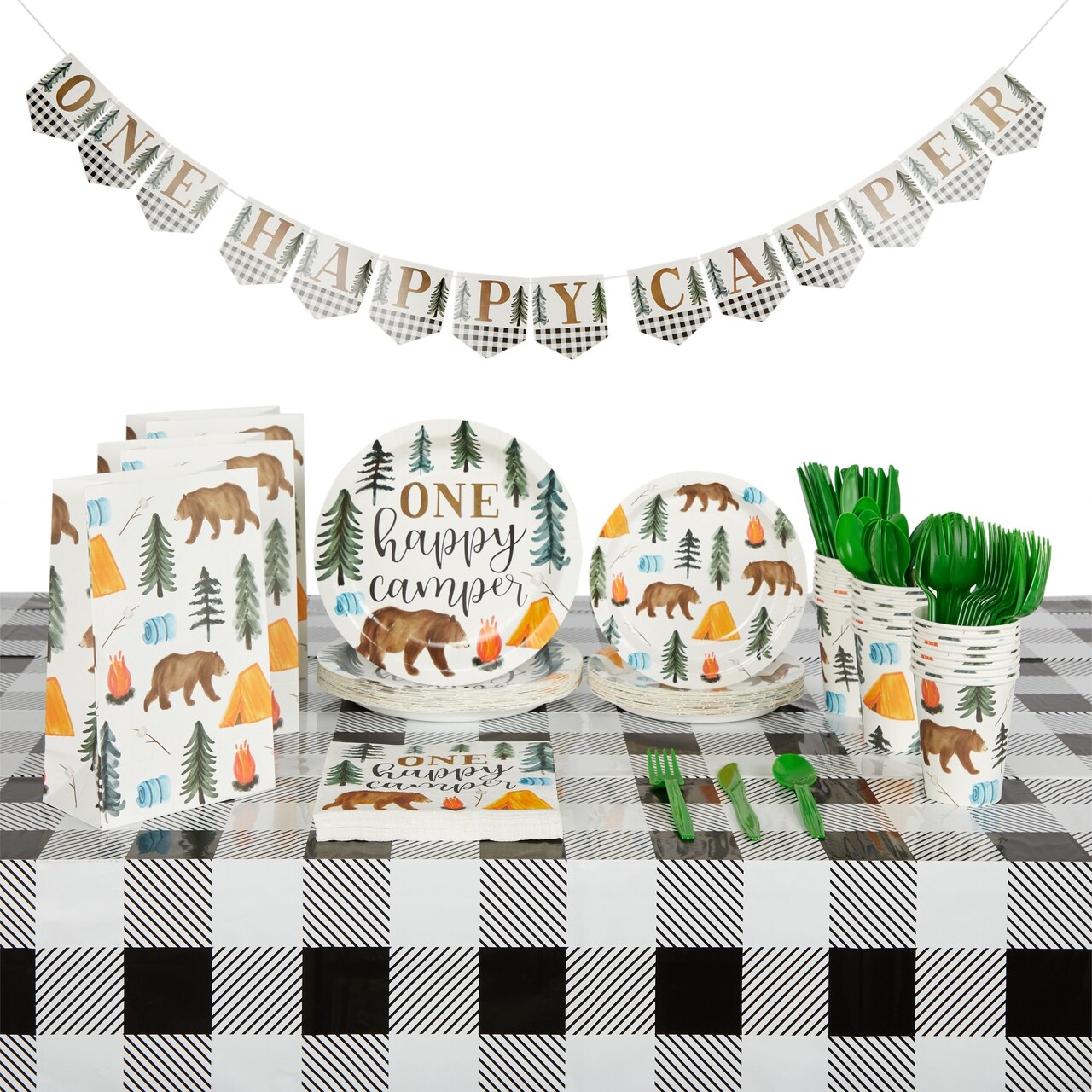 Camping 1st Birthday Party Dinnerware, One Happy Camper Birthday Decorations, Camping-Themed Party Decorations, Celebration Supplies for Boys and Kids (Serves 24)